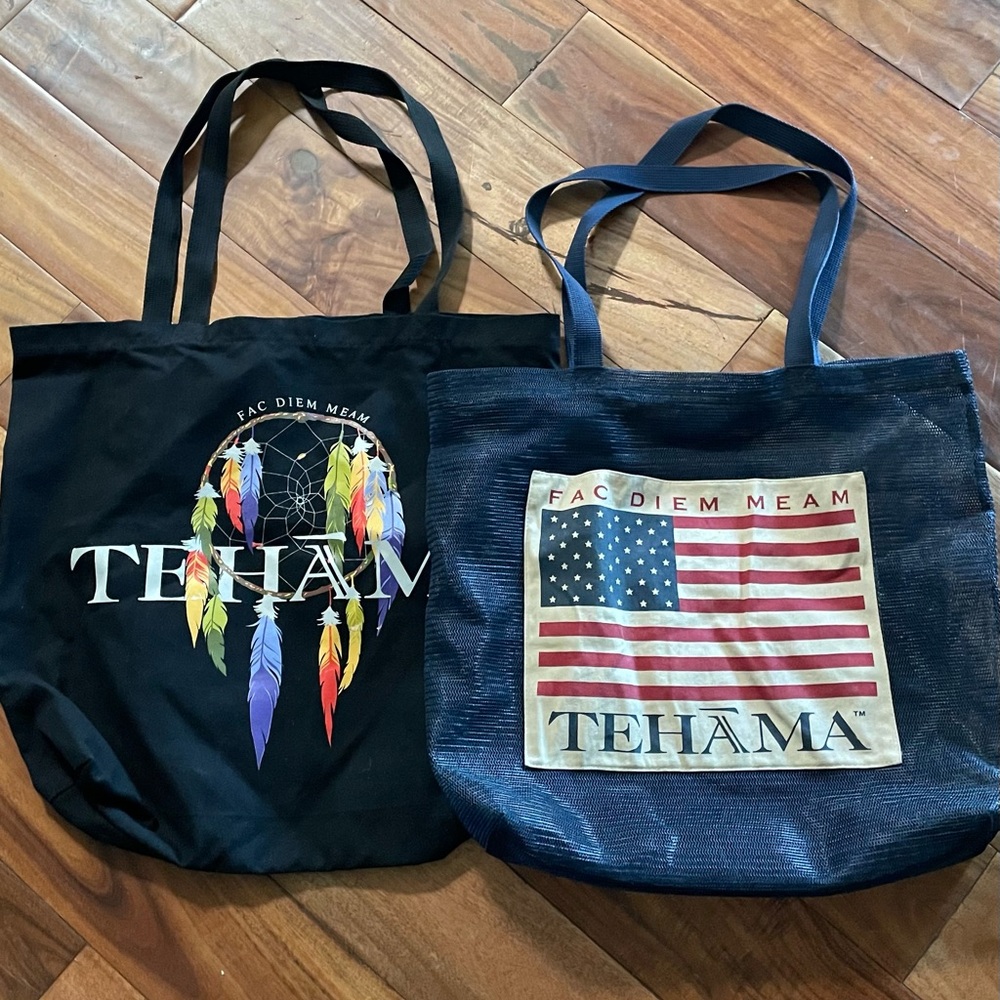 TEHAMA Black and Blue Tote Bags with Dreamcatcher and Flag Designs